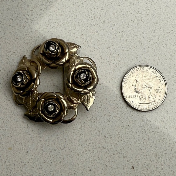 Vintage Brooch Gold Tone Roses Rhinestones Mid-Century Modern MCM - Picture 8 of 8